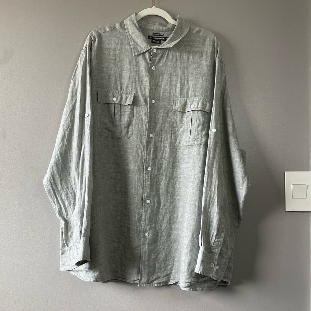 [XXL] NWOT Island Company Men’s 100% Linen Pastel Grey Green Button Down Shirt